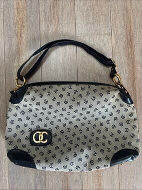 VTG Oleg Cassini Double C Monogram Shoulder Bag in Beige and Navy Leather Gold